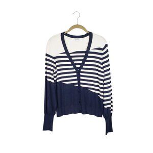 Chicos Mixed Stripe Cardigan Sweater Navy Cream V-Neck Size 0 US Size Small